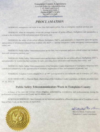 Public Safety Telecommunicators Week in Tompkins County Proclamation 2022