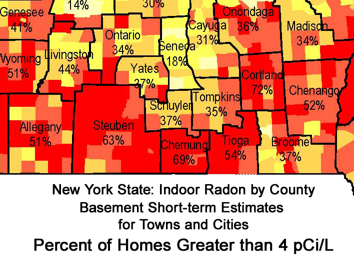 Radon prevalence map for Tompkins and surrounding counties