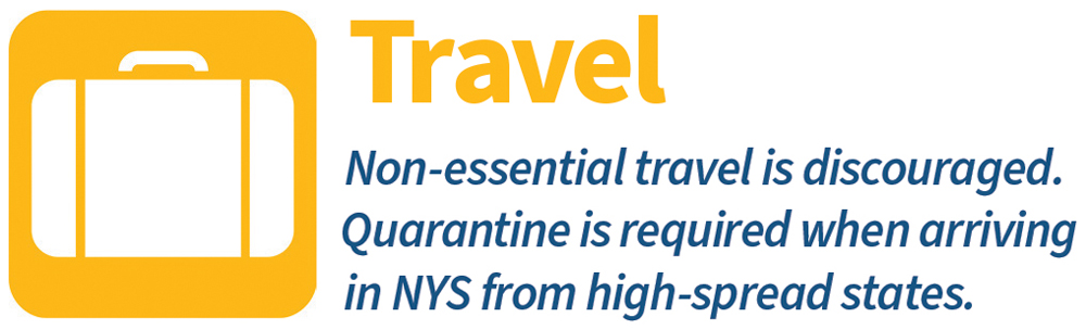 Travel--Non essential travel is discouraged. Quarantine is required when arriving in NYS from high spread states