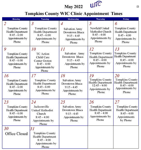 Image of May 2022 WIC clinic calendar